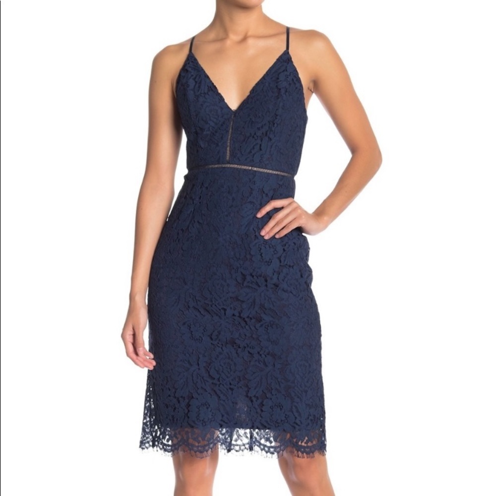 ASTR the Label Navy V Neck lace sheath dress.